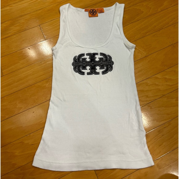 Vintage Collectors Tory Burch Leather Navy Logo White Cotton Ribbed Tank Top - Picture 4 of 7